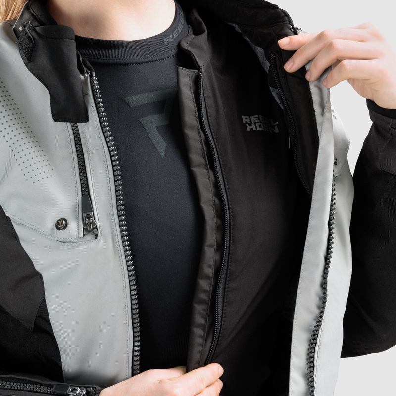 Chaqueta de moto para mujer Rebelhorn Hiker IV, color negro, gris y amarillo flúor.