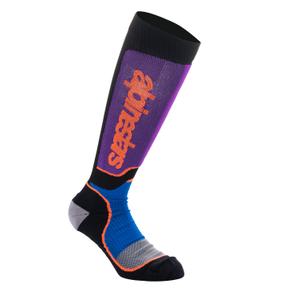 Calcetines Alpinestars MX Plus en negro, naranja, morado, azul y gris.