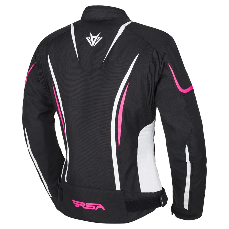 Chaqueta de moto RSA Wasp para mujer, color negro, rosa y blanco.