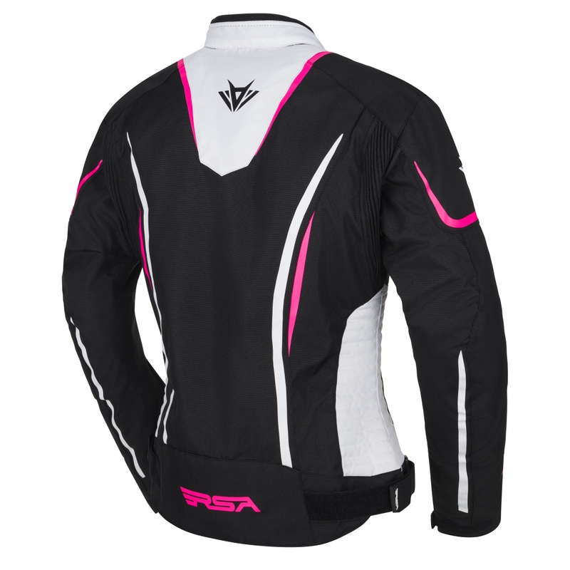Chaqueta de moto RSA Wasp para mujer, color blanco, negro y rosa.