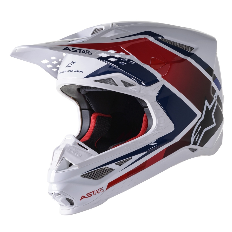 Motokrosová helma Alpinestars S-M10 Carbon Meta2 bílo-červeno-modrá lesklá