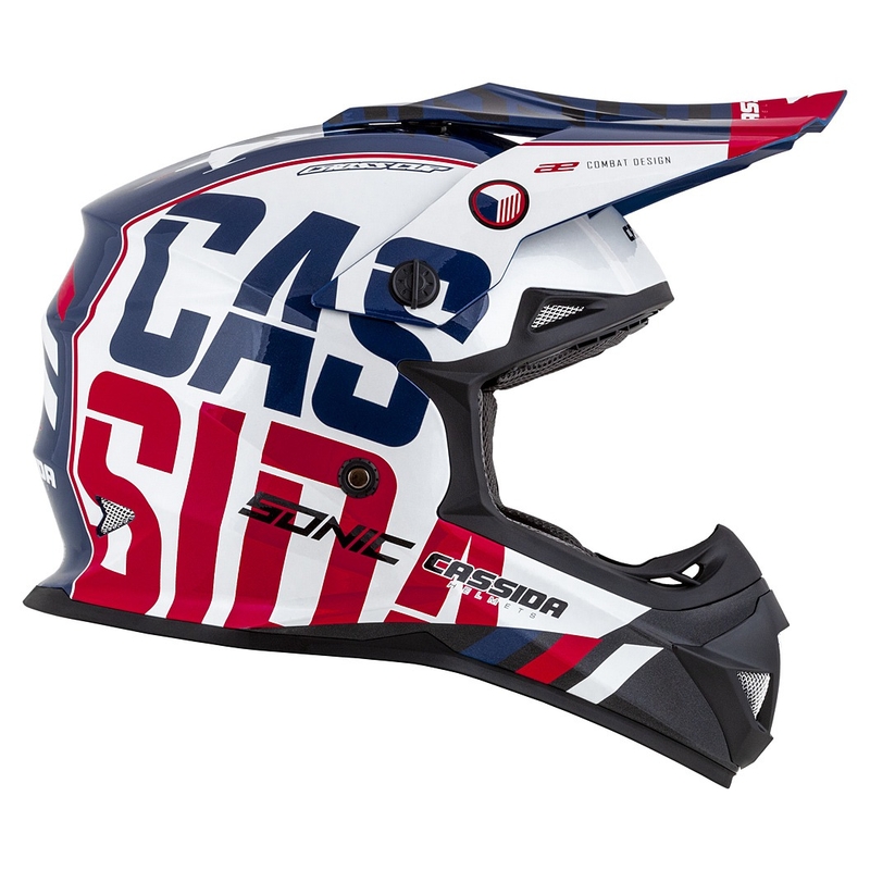 Dětská motokrosová helma Cassida Cross Cup Sonic Junior červeno-modro-bílo-černá