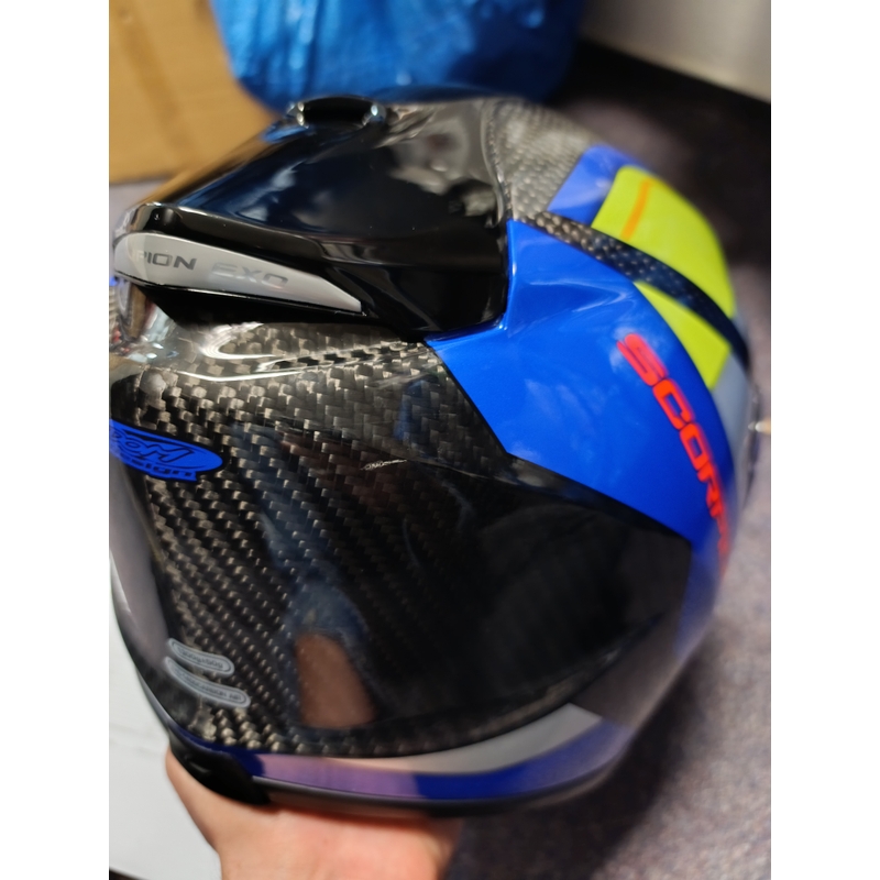 Casco integral de moto Scorpion Exo-1400 Carbon Air Legione azul-amarillo fluo - Grado II