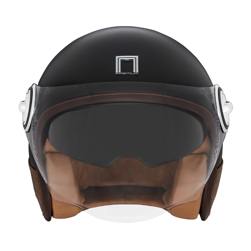 Casco de moto abierto NOX PREMIUM Heritage en negro mate con cuero marrón.