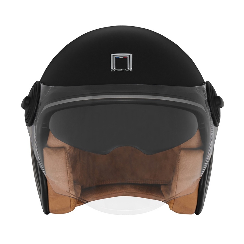 Casco de moto abierto NOX PREMIUM Heritage en negro mate con cuero marrón.