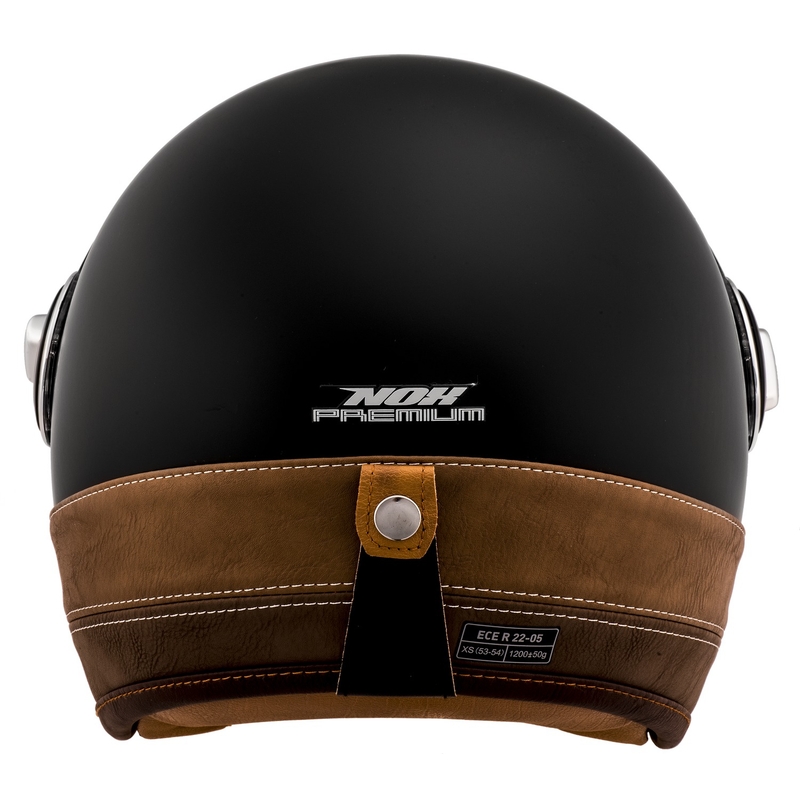 Casco de moto abierto NOX PREMIUM Heritage en negro mate con cuero marrón.