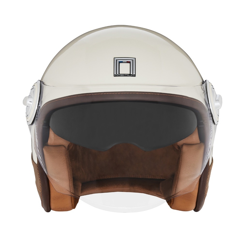 Casco de moto abierto NOX PREMIUM Heritage color blanco crema con cuero marrón