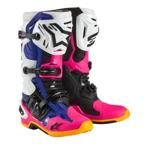 Botas de moto Alpinestars Tech 10 Limited Edition Coast blanco-azul oscuro-rosa-amarillo fluorescente-naranja-negro