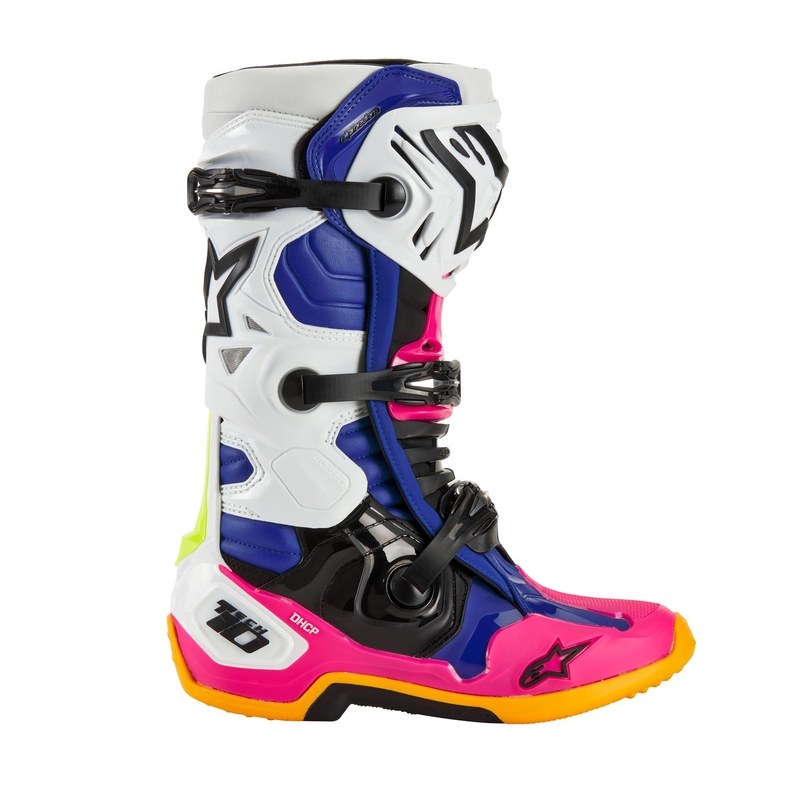 Botas de moto Alpinestars Tech 10 Limited Edition Coast blanco-azul oscuro-rosa-amarillo fluorescente-naranja-negro