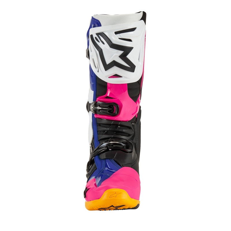 Botas de moto Alpinestars Tech 10 Limited Edition Coast blanco-azul oscuro-rosa-amarillo fluorescente-naranja-negro