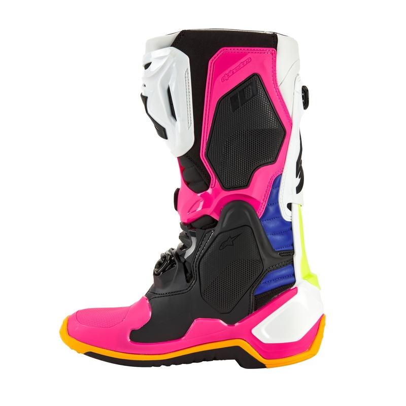 Botas de moto Alpinestars Tech 10 Limited Edition Coast blanco-azul oscuro-rosa-amarillo fluorescente-naranja-negro