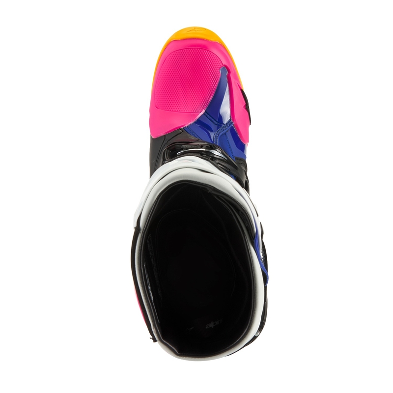 Botas de moto Alpinestars Tech 10 Limited Edition Coast blanco-azul oscuro-rosa-amarillo fluorescente-naranja-negro