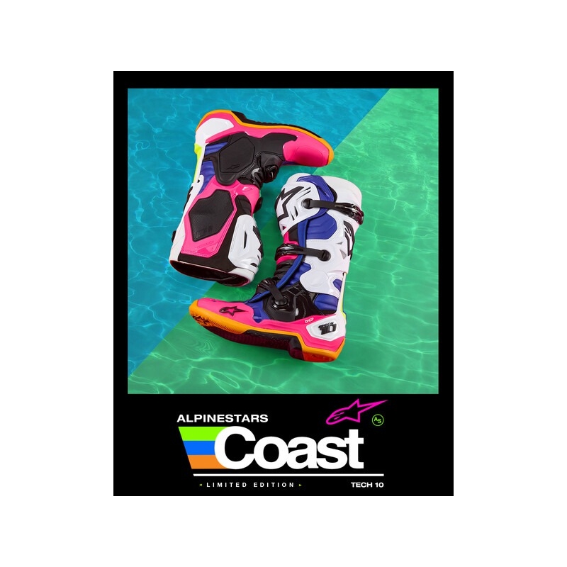 Botas de moto Alpinestars Tech 10 Limited Edition Coast blanco-azul oscuro-rosa-amarillo fluorescente-naranja-negro