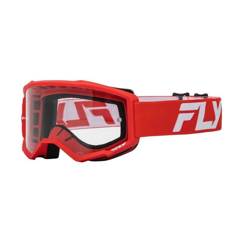 Gafas de motocross infantiles FLY Racing Focus rojas y blancas con plexi transparente