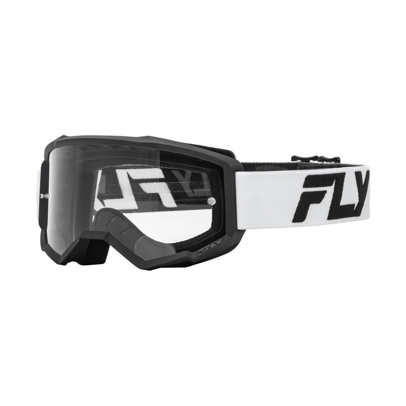 Gafas de motocross infantiles FLY Racing Focus blancas y negras con plexi transparente