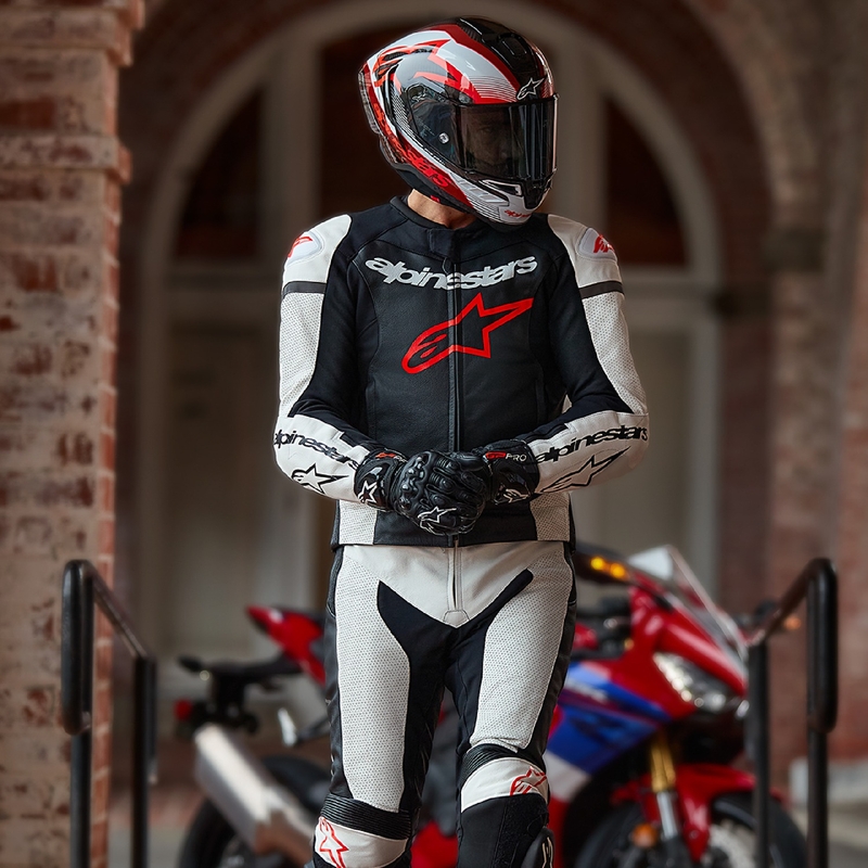 Mono de dos piezas Alpinestars GP Force Lurv de cuero blanco-negro-rojo fluo