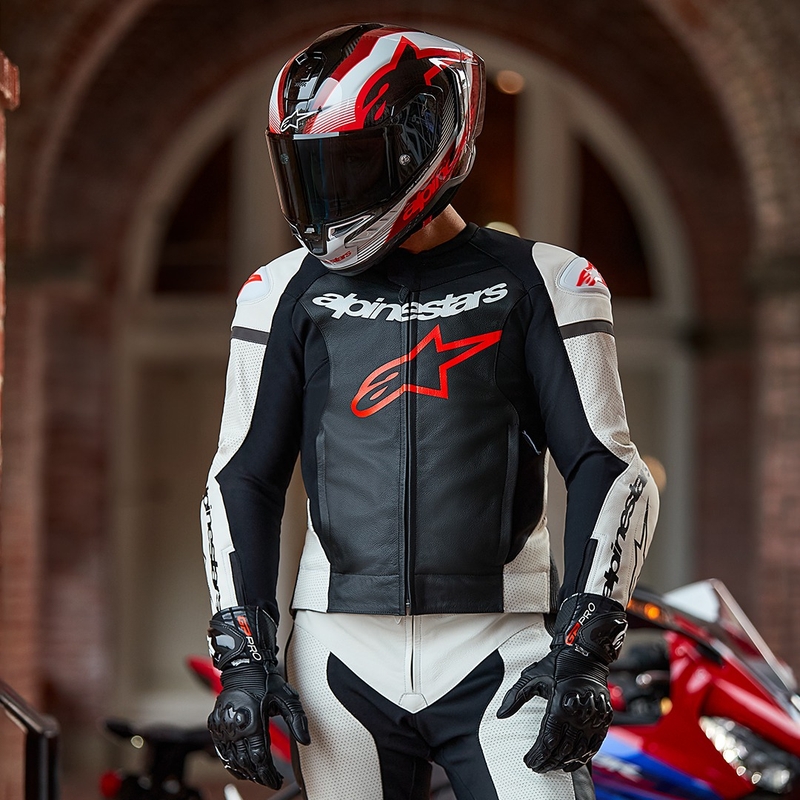 Mono de dos piezas Alpinestars GP Force Lurv de cuero blanco-negro-rojo fluo