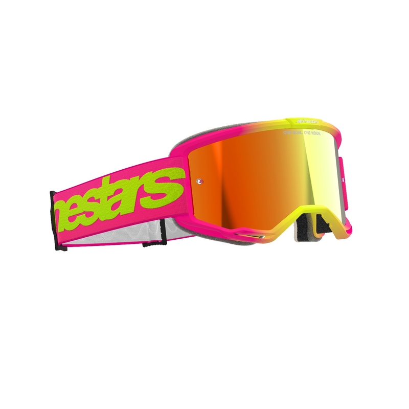 Gafas de motocross Alpinestars Vision 5 Wordmark rosa-amarillo fluorescente con plexi rojo espejado