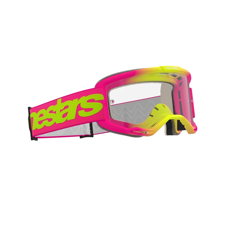 Gafas de motocross Alpinestars Vision 5 Wordmark rosa-amarillo fluorescente con plexi transparente