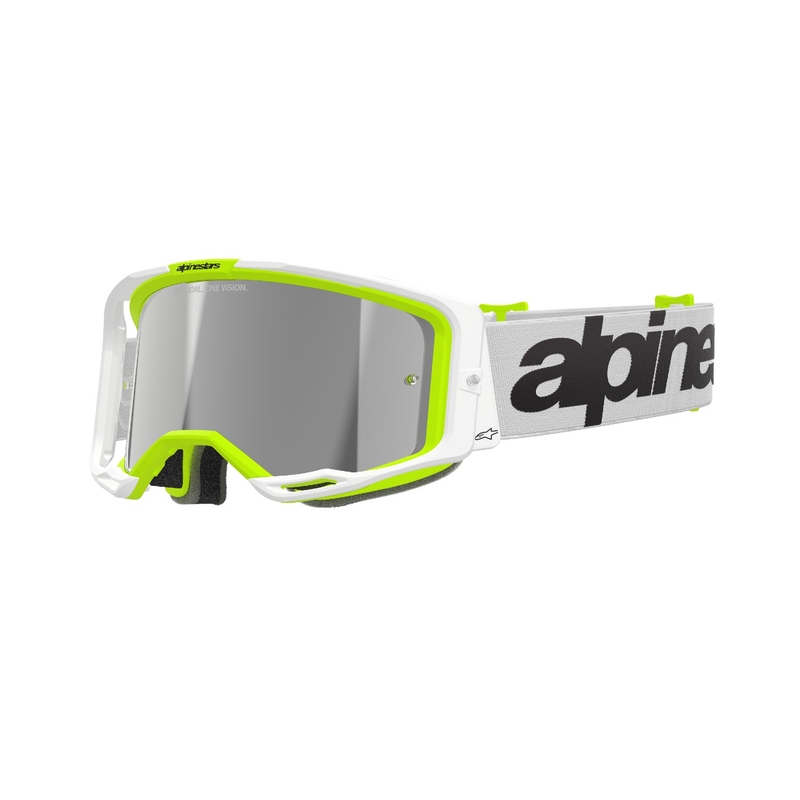 Gafas de motocross Alpinestars Vision 8 Wordmark blanco-amarillo fluorescente con lente plateada espejada