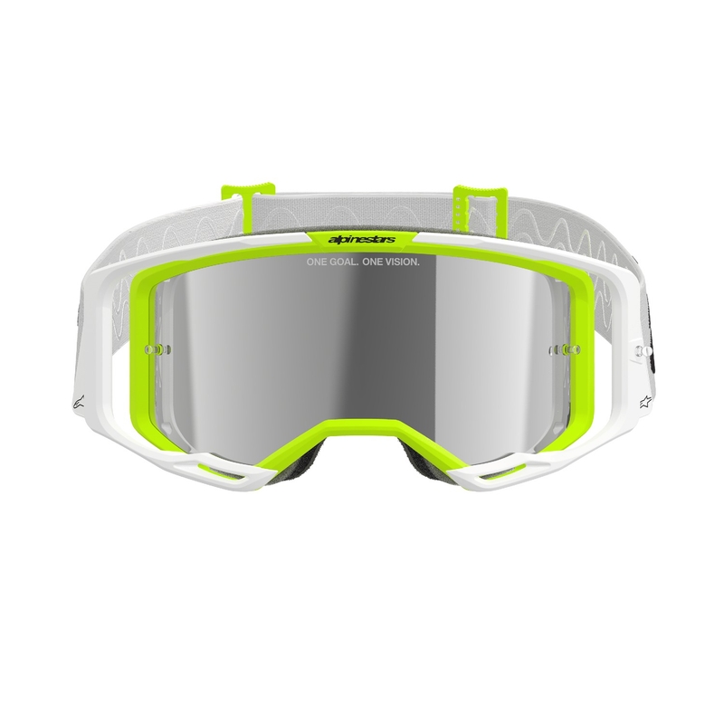 Gafas de motocross Alpinestars Vision 8 Wordmark blanco-amarillo fluorescente con lente plateada espejada