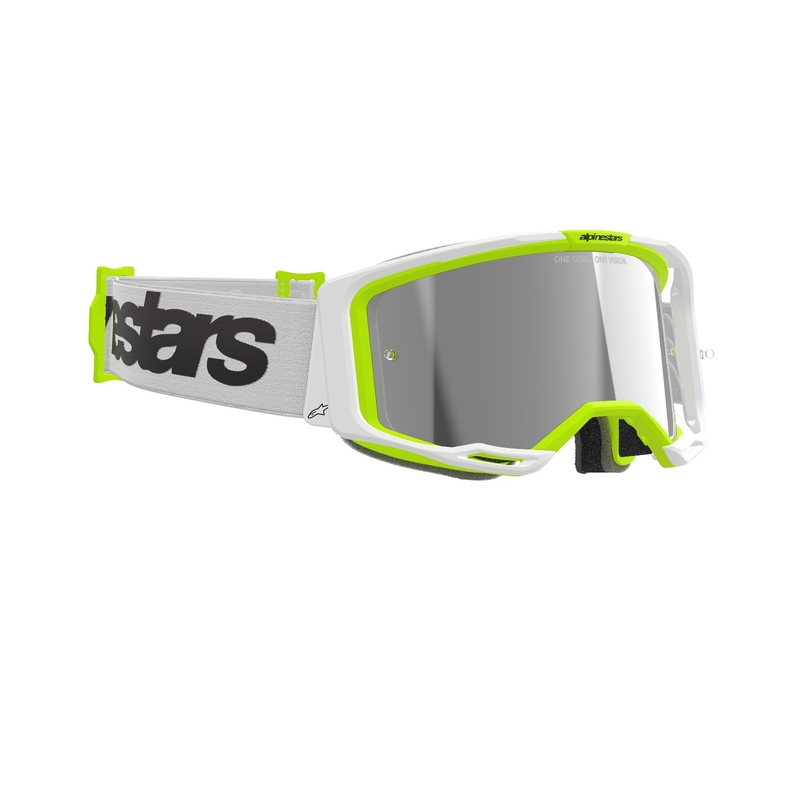 Gafas de motocross Alpinestars Vision 8 Wordmark blanco-amarillo fluorescente con lente plateada espejada