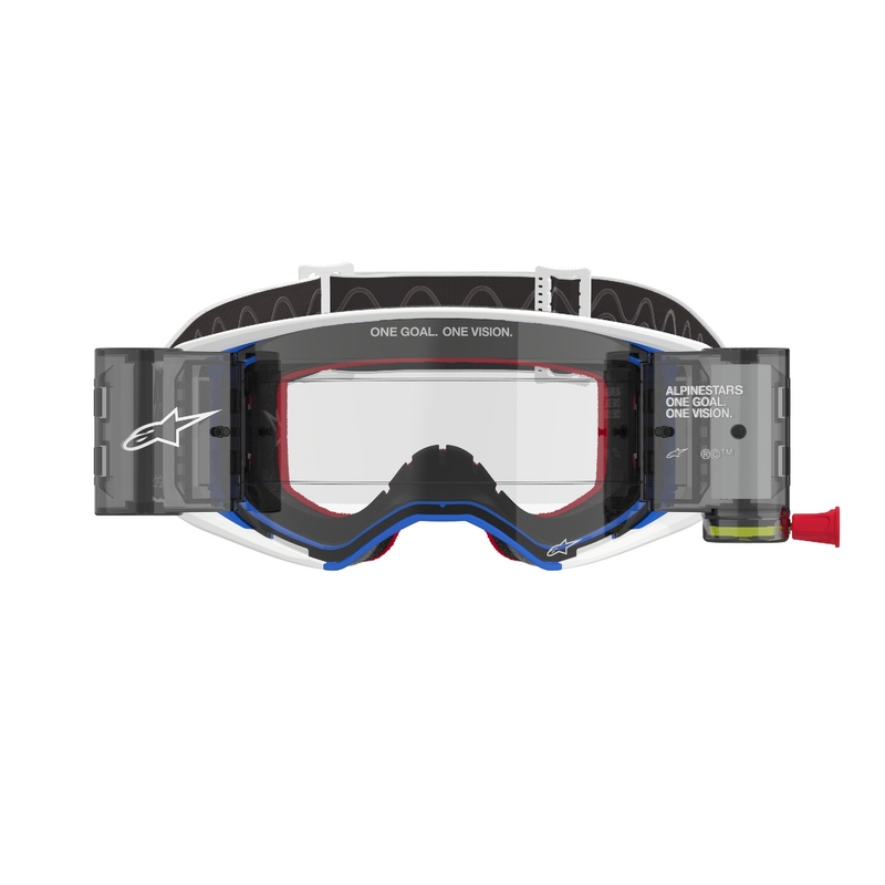Gafas de motocross Alpinestars Supertech Corp ROLL-OFF Wide Vision azul-naranja con lente transparente