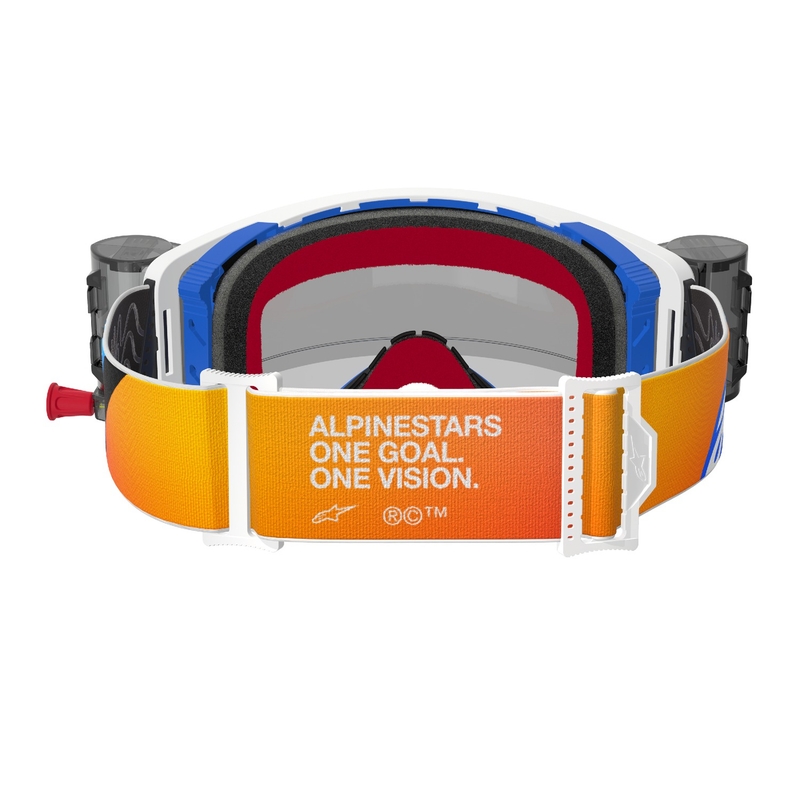 Gafas de motocross Alpinestars Supertech Corp ROLL-OFF Wide Vision azul-naranja con lente transparente
