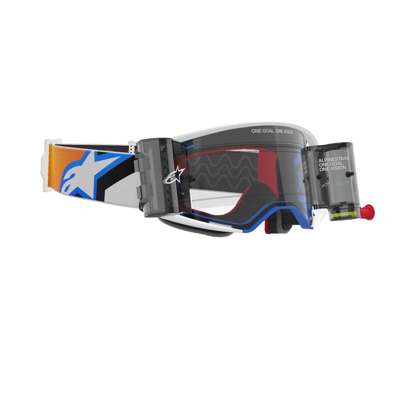 Gafas de motocross Alpinestars Supertech Corp ROLL-OFF Wide Vision azul-naranja con lente transparente