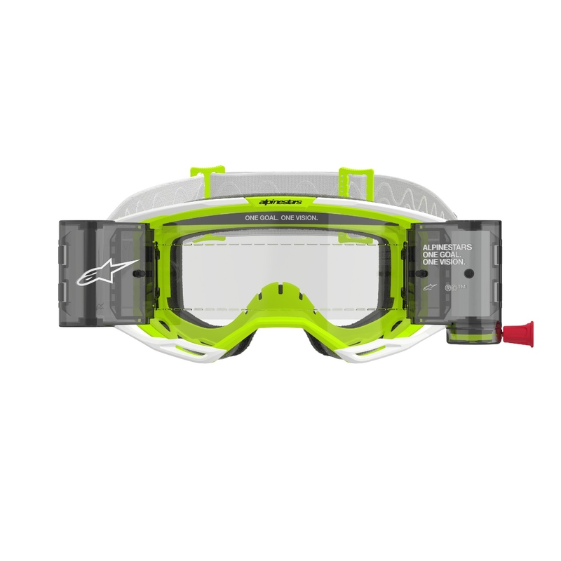 Gafas de motocross Alpinestars Vision 8 Wordmark ROLL-OFF Wide Vision blanco-amarillo fluo con lente transparente