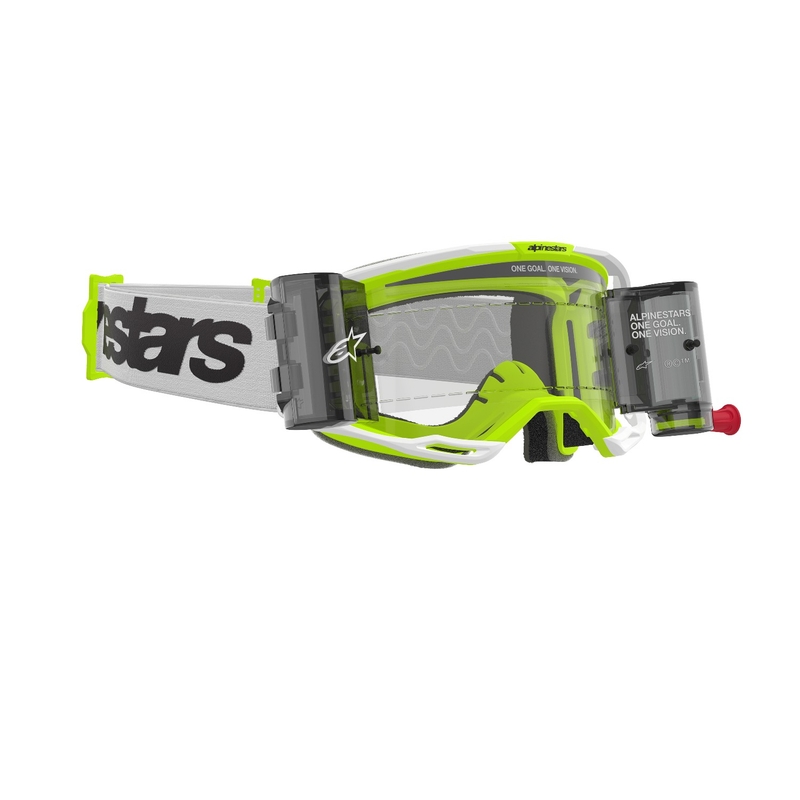 Gafas de motocross Alpinestars Vision 8 Wordmark ROLL-OFF Wide Vision blanco-amarillo fluo con lente transparente