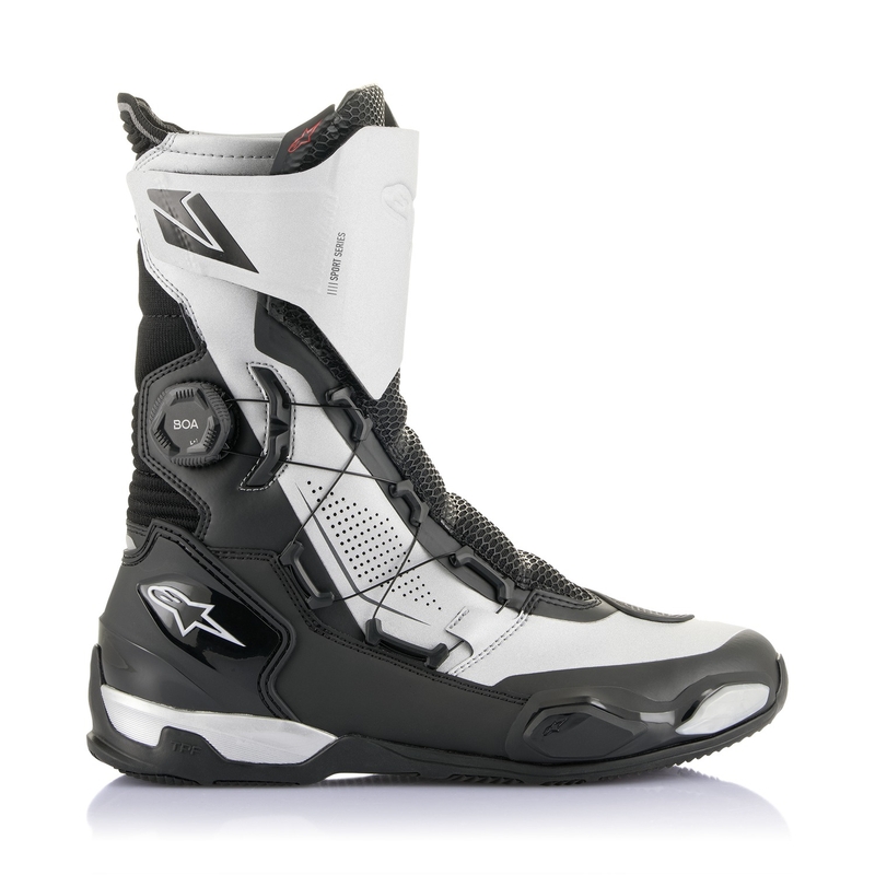 Botas de moto Alpinestars SP-X BOA negras y plateadas