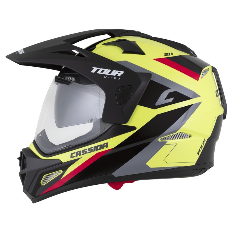 Casco enduro Cassida Tour 2.0 X-tra fluo amarillo-negro-rojo-gris con visera negra mate