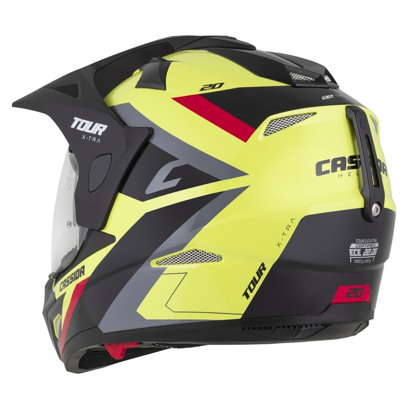 Casco enduro Cassida Tour 2.0 X-tra fluo amarillo-negro-rojo-gris con visera negra mate