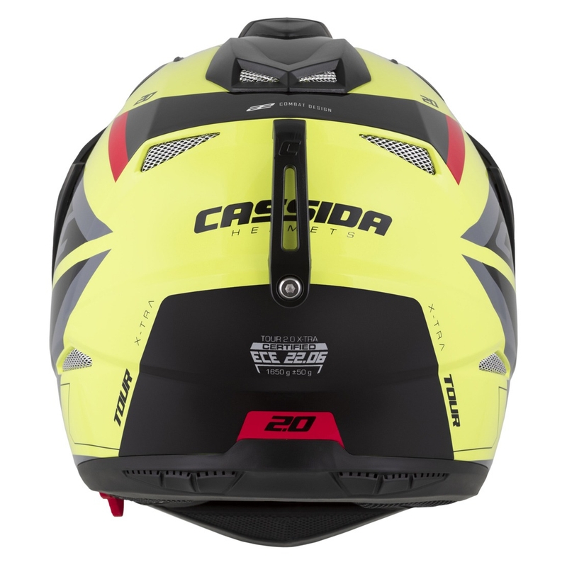 Casco enduro Cassida Tour 2.0 X-tra fluo amarillo-negro-rojo-gris con visera negra mate