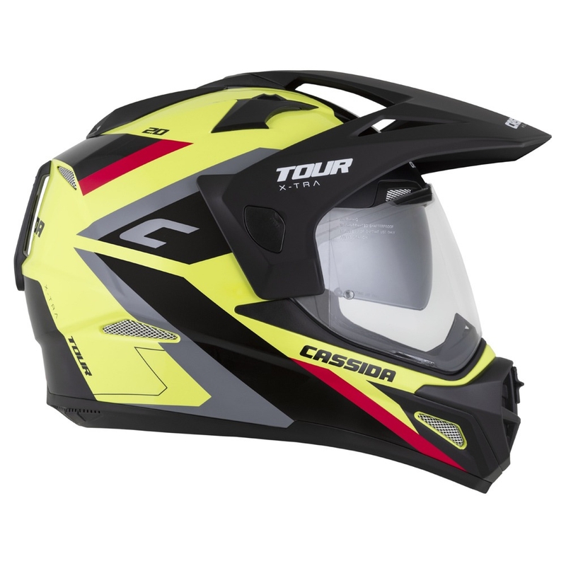 Casco enduro Cassida Tour 2.0 X-tra fluo amarillo-negro-rojo-gris con visera negra mate