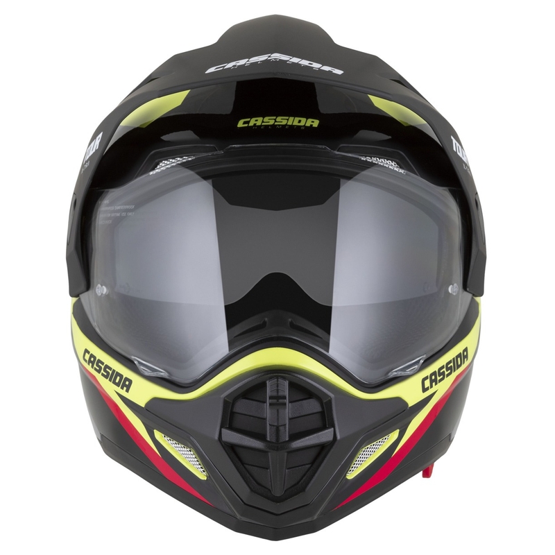 Casco enduro Cassida Tour 2.0 X-tra fluo amarillo-negro-rojo-gris con visera negra mate