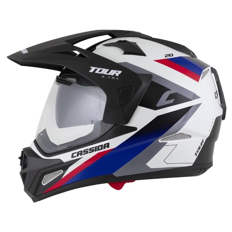Casco enduro Cassida Tour 2.0 X-tra blanco-azul-rojo-negro con visera negra mate