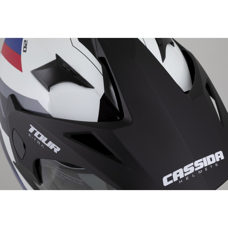 Casco enduro Cassida Tour 2.0 X-tra blanco-azul-rojo-negro con visera negra mate