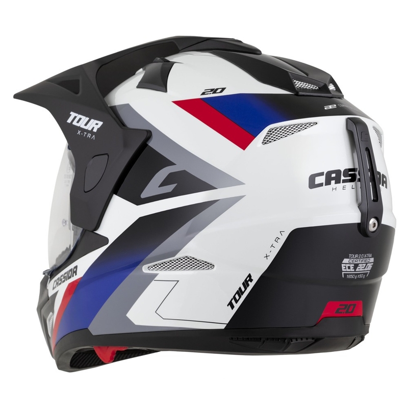 Casco enduro Cassida Tour 2.0 X-tra blanco-azul-rojo-negro con visera negra mate