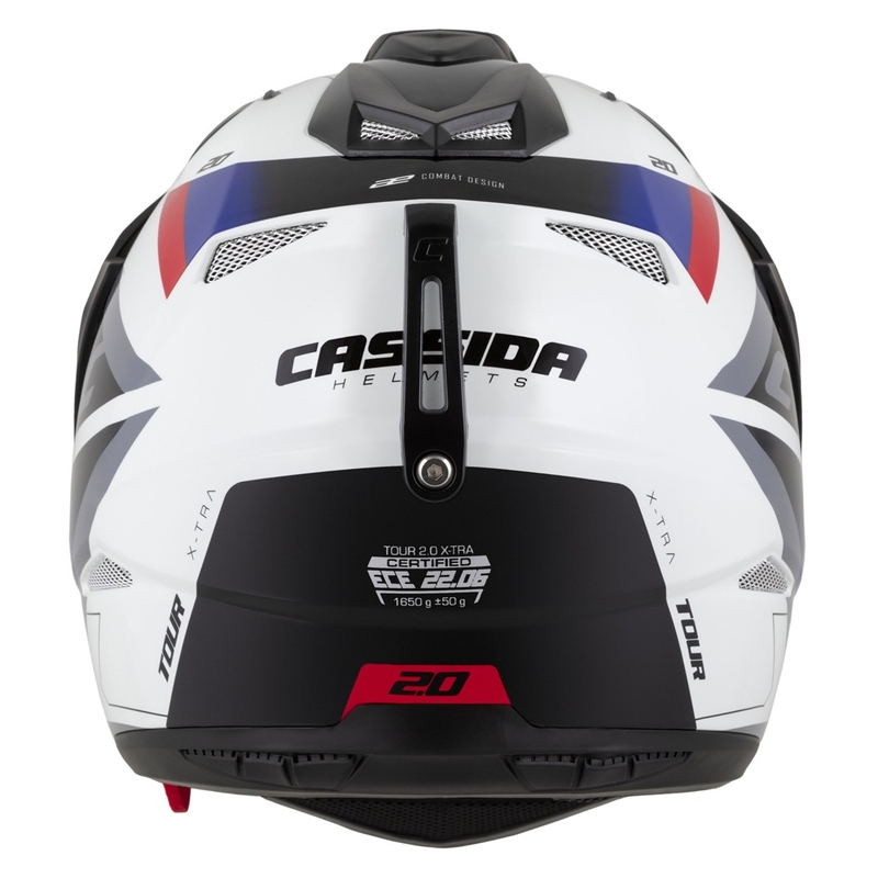 Casco enduro Cassida Tour 2.0 X-tra blanco-azul-rojo-negro con visera negra mate
