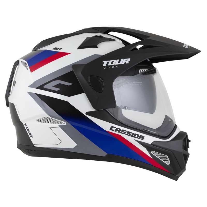 Casco enduro Cassida Tour 2.0 X-tra blanco-azul-rojo-negro con visera negra mate