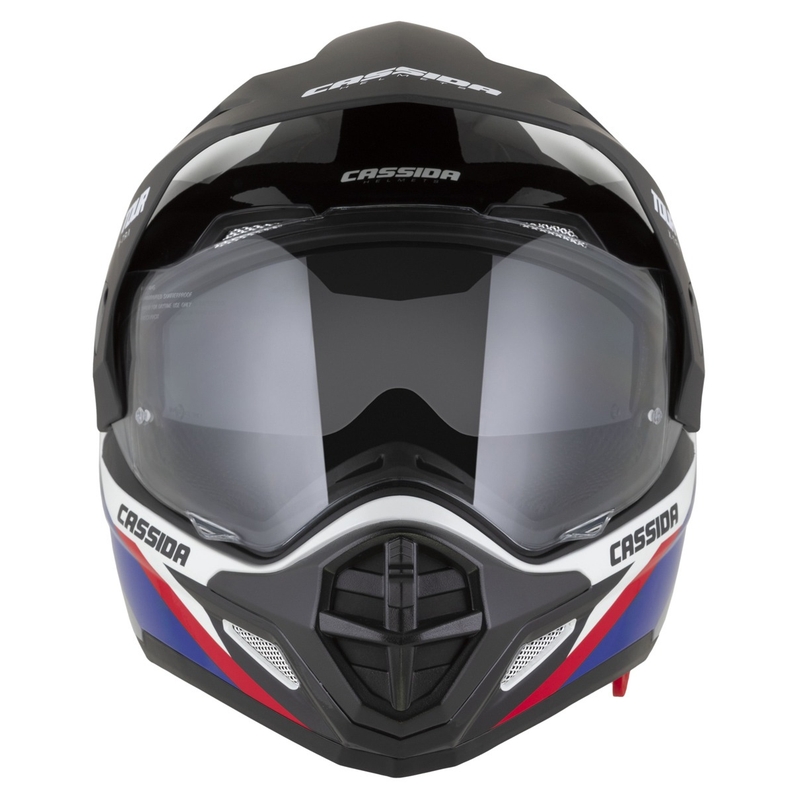 Casco enduro Cassida Tour 2.0 X-tra blanco-azul-rojo-negro con visera negra mate