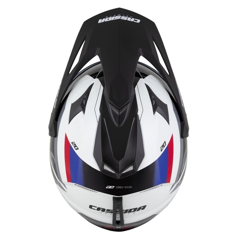 Casco enduro Cassida Tour 2.0 X-tra blanco-azul-rojo-negro con visera negra mate