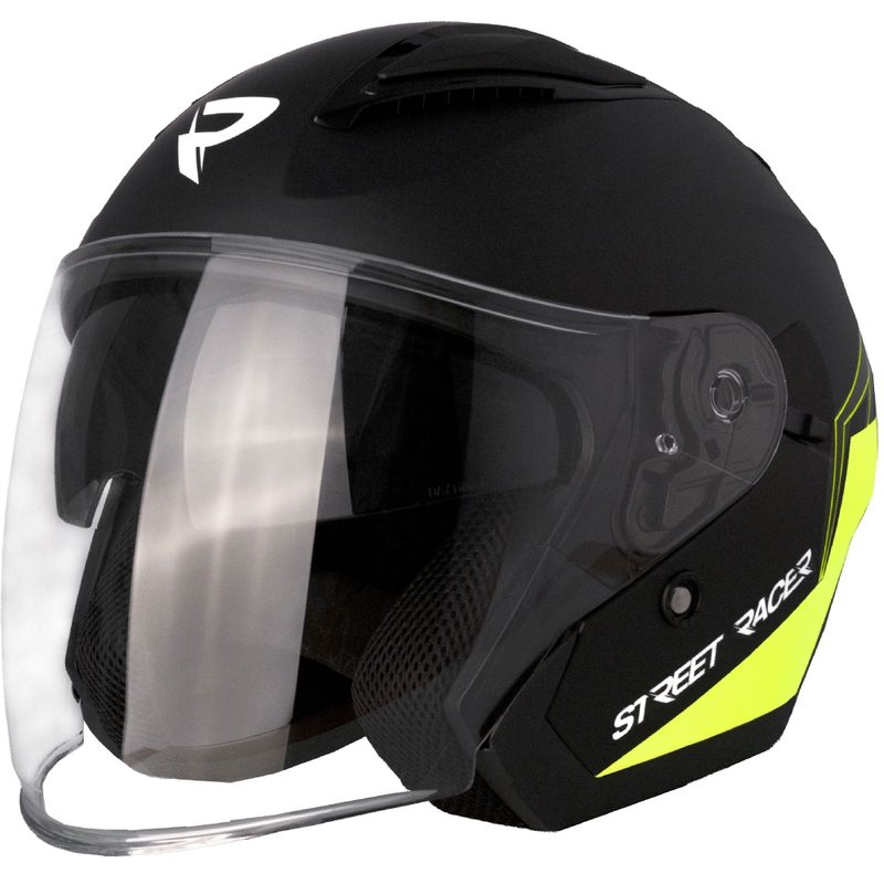 Casco de moto abierto Street Racer Sonic negro mate-amarillo fluo