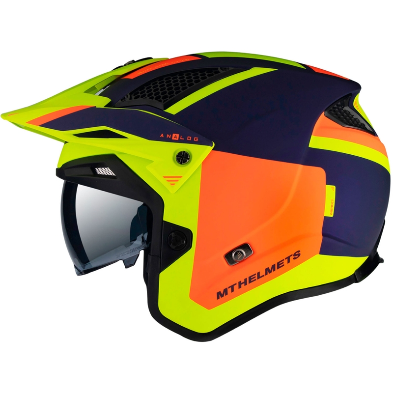 MT District SV Analog D27 casco de moto trial abierto azul-naranja-amarillo fluo