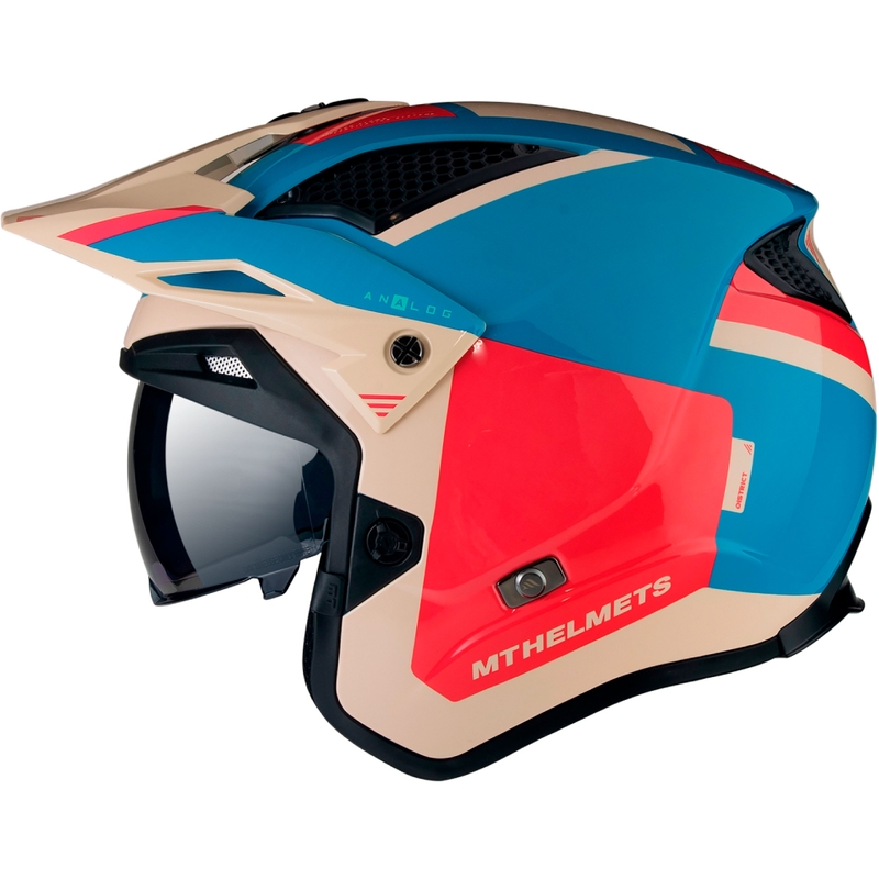 Casco de moto MT District SV Analog D7 open trial rojo-azul-beige