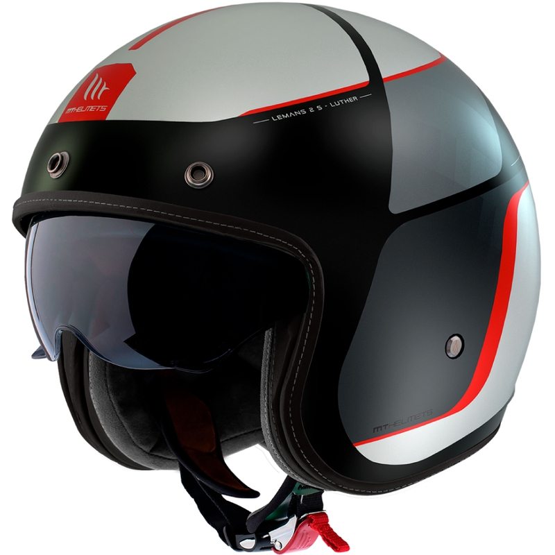 Casco abierto para motocicleta MT Le Mans 2 SV Luther B15 negro mate-gris-blanco-rojo