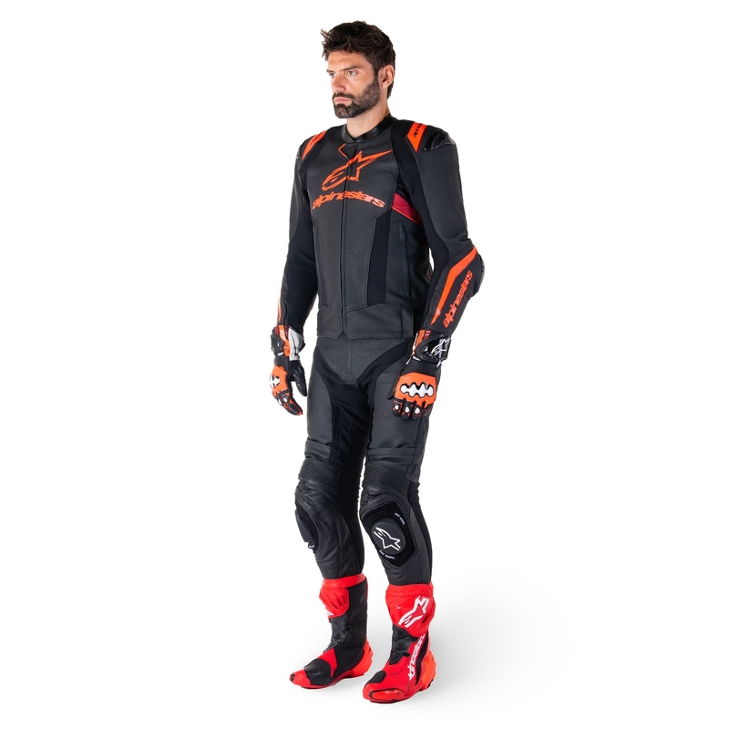 Chaqueta de moto de cuero Alpinestars Missile 3 Ignition negro-rojo fluo-rojo oscuro