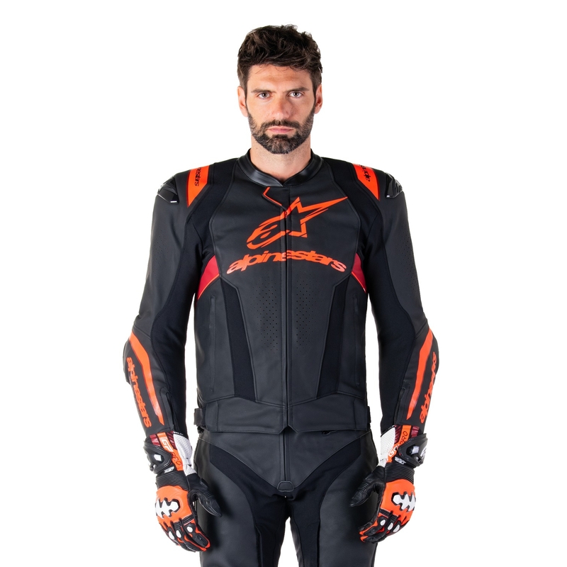 Chaqueta de moto de cuero Alpinestars Missile 3 Ignition negro-rojo fluo-rojo oscuro